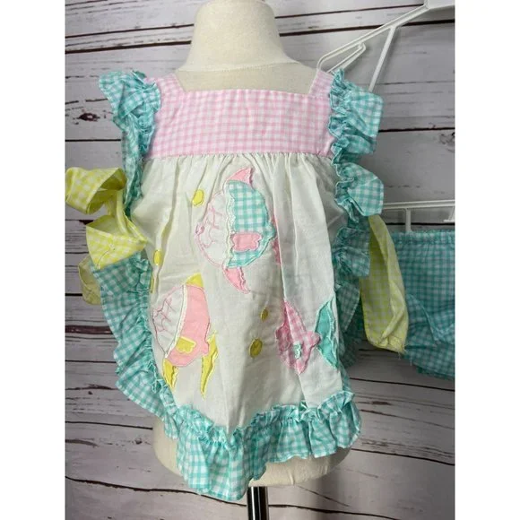 Broadway Kids Aqua Pink Gingham Smock Fish Tie Side Size 18 Months Two Piece Set - Picture 2 of 9